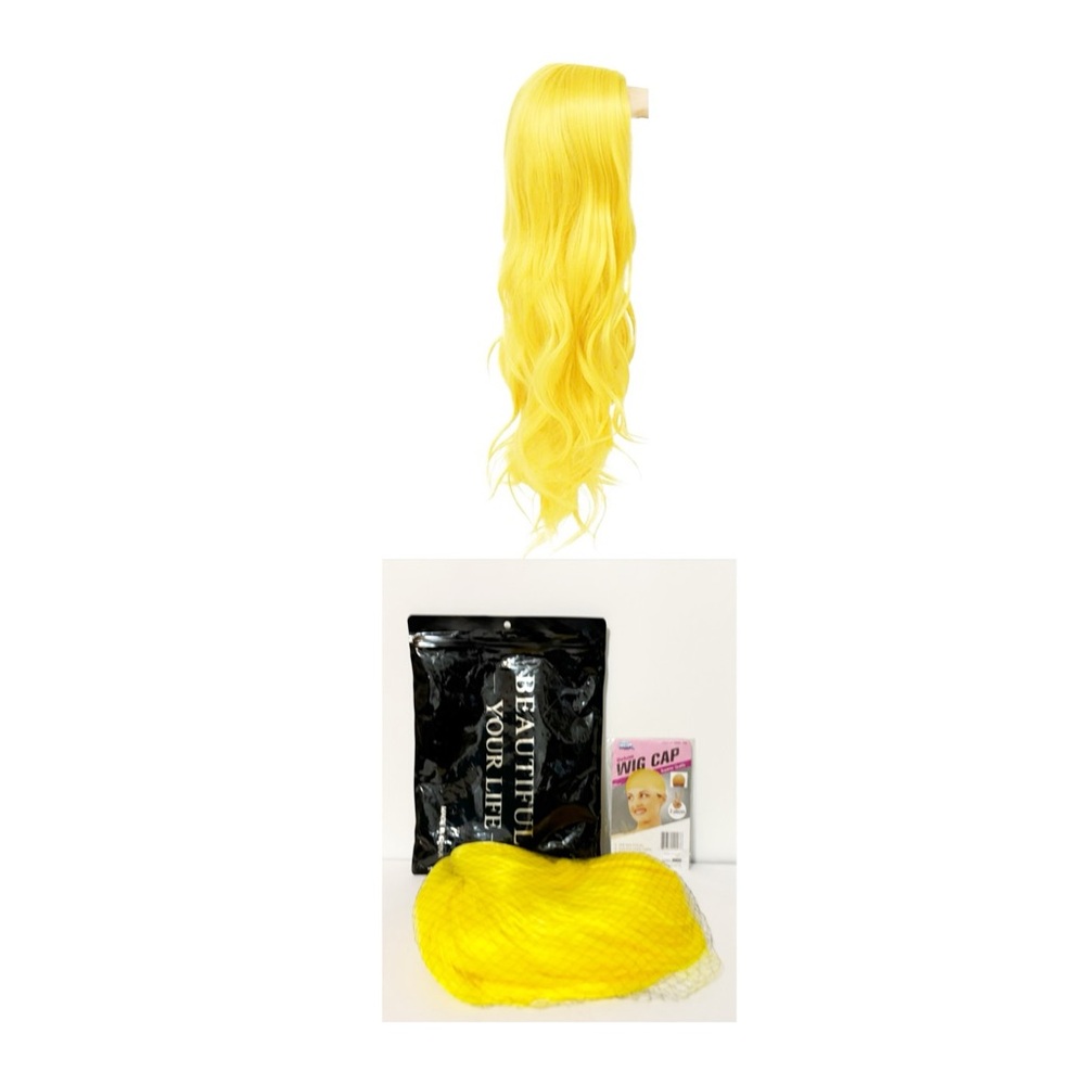 Yellow Halloween Wig, Long Curly Wavy Synthetic Hair, Middle Part, NEW
